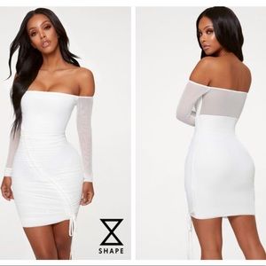 Prettylittlething ruched off the shoulder dress